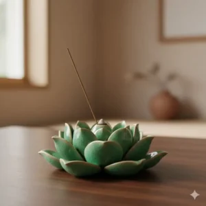 An intricate lotus-shaped green ceramic incense burners with hand-carved petals and a celadon glaze.