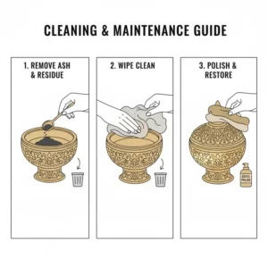 Graphic guide on how to polish and perform maintenance on a brass incense burner.