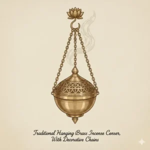 Traditional hanging censer style brass incense burners with long metal chains for ritual use.