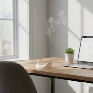 A small contemporary incense holder placed next to a laptop and succulent on a clean white desk.