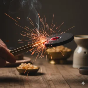 Illustration showing the sparking ignition of self lighting charcoal discs for incense.