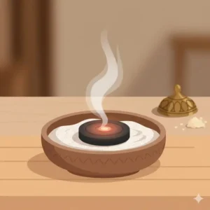 A piece of incense charcoal placed safely on a bed of white sand inside a decorative incense burner.