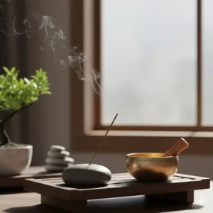 Zen-style ceramic incense holder placed on a meditation altar next to a singing bowl.