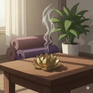 A brass incense holder placed in a quiet meditation room with yoga mats and Zen atmosphere.