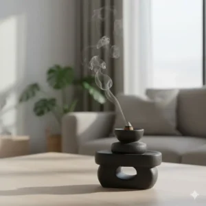 A sleek minimalist matte black ceramic incense burners with a modern geometric design on a living room table.