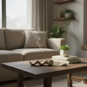 A beautiful incense holder placed on a wooden coffee table in a zen living room setting.