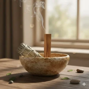 Earthy stoneware ceramic incense holder in bowl style used for holding Palo Santo sticks.