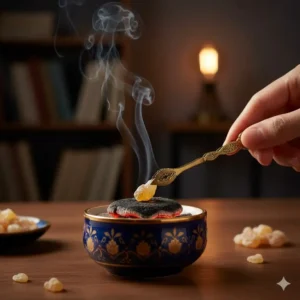 Illustration of frankincense resin tears being placed on top of a heated coal disc.