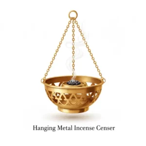 A brass hanging censer used for resin, representing spiritual types of incense holders.