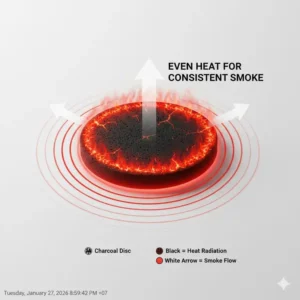 Technical diagram showing even heat radiation from self-lighting charcoal discs.