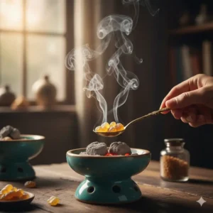 Adding natural resin tears onto hot charcoal discs for incense to create fragrant smoke.