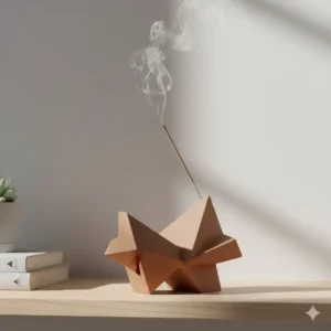 An abstract geometric contemporary incense holder in terracotta ceramic, doubling as a piece of shelf art.