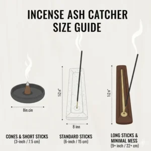 A size comparison chart featuring various types of the incense ash catcher for different sticks.