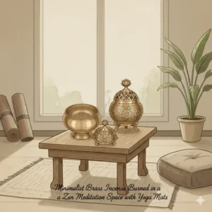 Zen lifestyle setting featuring minimalist brass incense burners in a peaceful meditation room.
