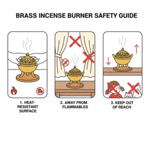 Essential safety precautions and placement tips for using a brass incense burner indoors.