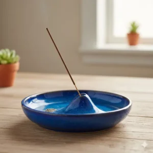 A vibrant blue glazed pottery beautiful incense holder with a wide ash catcher base.