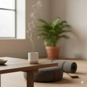 A functional ceramic incense burners releasing a thin trail of smoke in a bright meditation and yoga room.