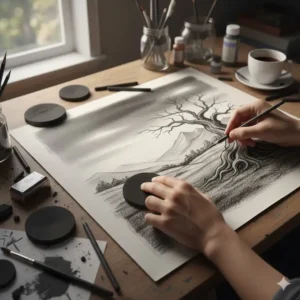 Illustration of compressed charcoal discs being used for artistic shading and drawing.