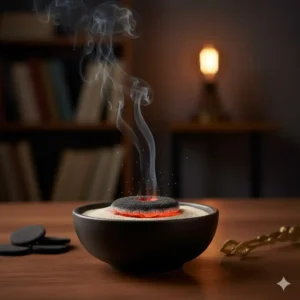 Graphic showing a coal disc placed on a bed of sand inside a heat-resistant bowl