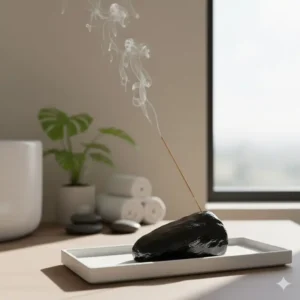 A luxury contemporary incense holder crafted from black obsidian stone in a spa-like bathroom setting.