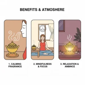 A peaceful meditation setting featuring a decorative brass incense burner in the center.