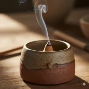 Close-up of a handcrafted stoneware ceramic incense burners showing the unique details of the artisan's pottery wheel marks.