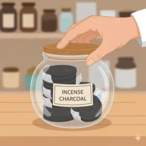 Foil-wrapped incense charcoal rolls stored in an airtight container to prevent moisture absorption.