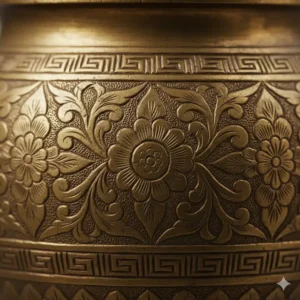 Close-up artistic illustration of the golden texture and patterns on a brass incense burner