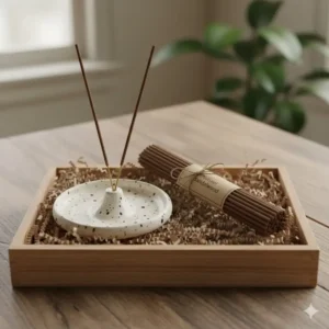 A curated gift set featuring a speckled ceramic incense holder and a pack of natural incense sticks.