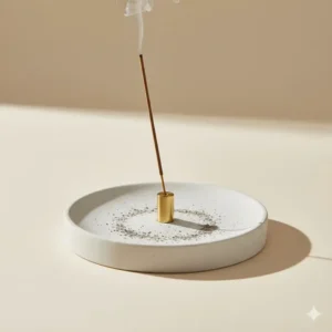 An illustration demonstrating the wide, stable base of a contemporary incense holder designed for safety and clean ash collection.