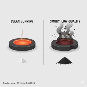 Side-by-side comparison of clean-burning versus low-quality smoky charcoal discs.