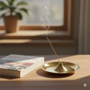 A portable and compact brass incense holder tray shown in a lifestyle setting for travel.