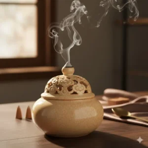 An antique-style ceramic incense burners censer with a decorative lid allowing smoke to drift through ornamental holes.