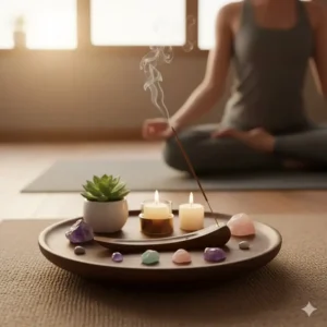 A meditation altar featuring a beautiful incense holder with crystals and candles.