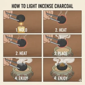 Step-by-step illustration showing how to safely light charcoal briquettes for incense using a candle.