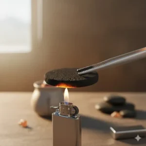 Close-up illustration showing how to light a charcoal disk using metal tongs and a lighter.