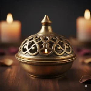 Close-up of a vintage brass cone burner with an intricate filigree lid.