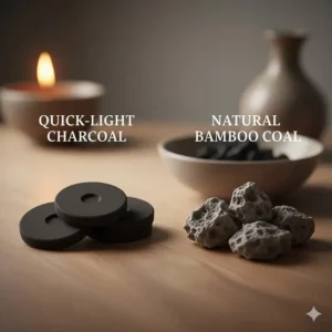 Comparison of different types of incense burner coal including quick-light and bamboo options.