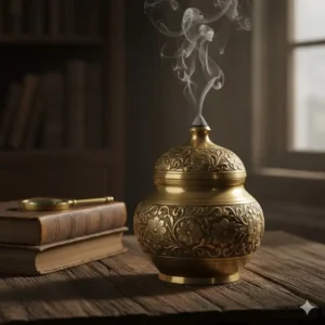 Vintage style antique brass incense cone burners holder with intricate hand-carved patterns.