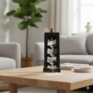 A modern black matte cone burner sitting on a wooden coffee table in a bright living room.