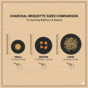A detailed size comparison chart of various charcoal briquettes for incense used for burning bakhoor.