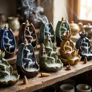 Close-up of artisan ceramic flowing incense burners in various traditional shapes and colors.