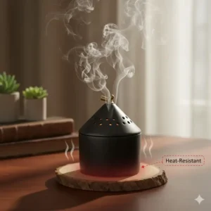 A safety illustration of a charcoal resin burner placed on a heat-resistant coaster.