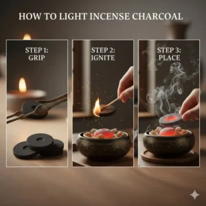 Step-by-step guide on how to safely light an incense burner coal using a lighter and tongs.