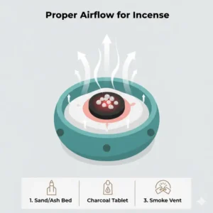 A technical diagram showing the proper airflow needed for charcoal tablets for incense in a burner.