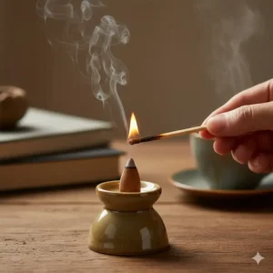 A hand using a match to light a scented incense cone burner on a wooden desk.