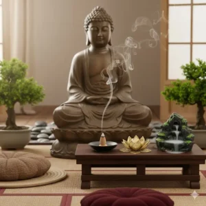 Zen style incense cone burners placed next to a Buddha statue in a peaceful meditation room.