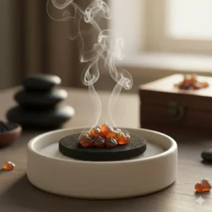 A black charcoal disk placed safely inside a heat-resistant ceramic incense burner.