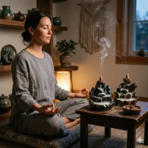 A person meditating next to decorative flowing incense burners in a calm, dimly lit room.