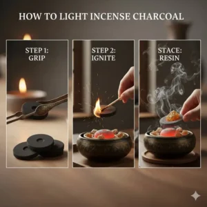 Carefully placing aromatic resin or oud on top of a hot incense burner coal.